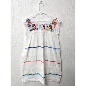 Handmade Mexican Puebla Peasant Embroidered with Multicolored Flowers White